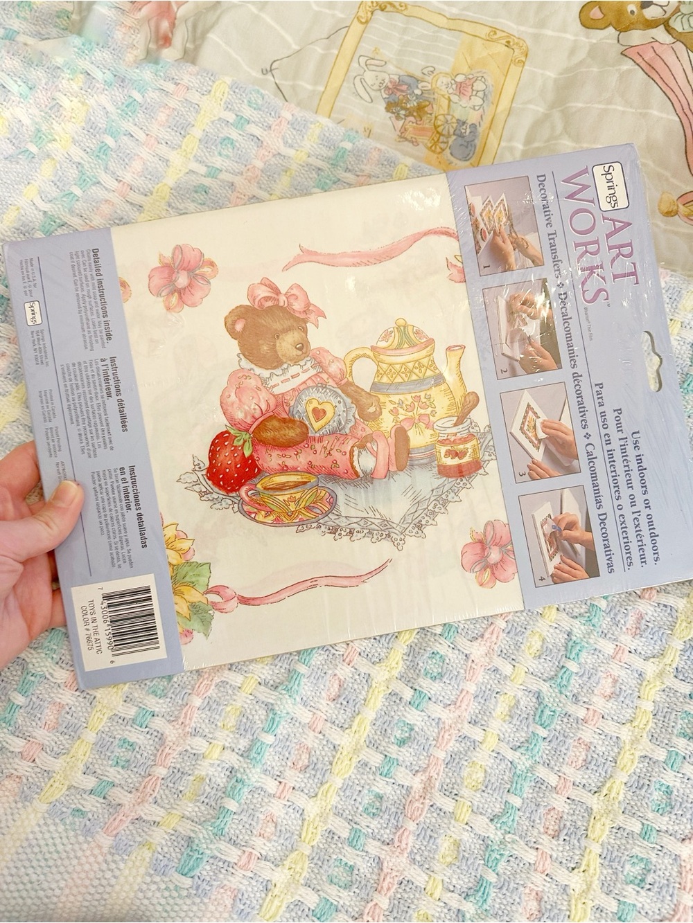 Vintage Teddy Bear Tea Transfer - Pastel Pink & Yellow